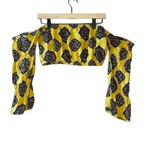 Women's M Thread Story Off the Shoulder Crop Top Yellow Print